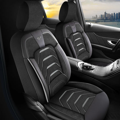 Stoelhoezen Jaguar I-Pace 2018-heden – Bodrum Zwart/Grijs – Jacquard stof met skai leer – Complete interieurset – comfortabele autostoelhoezen – slijtvast – eenvoudig te monteren