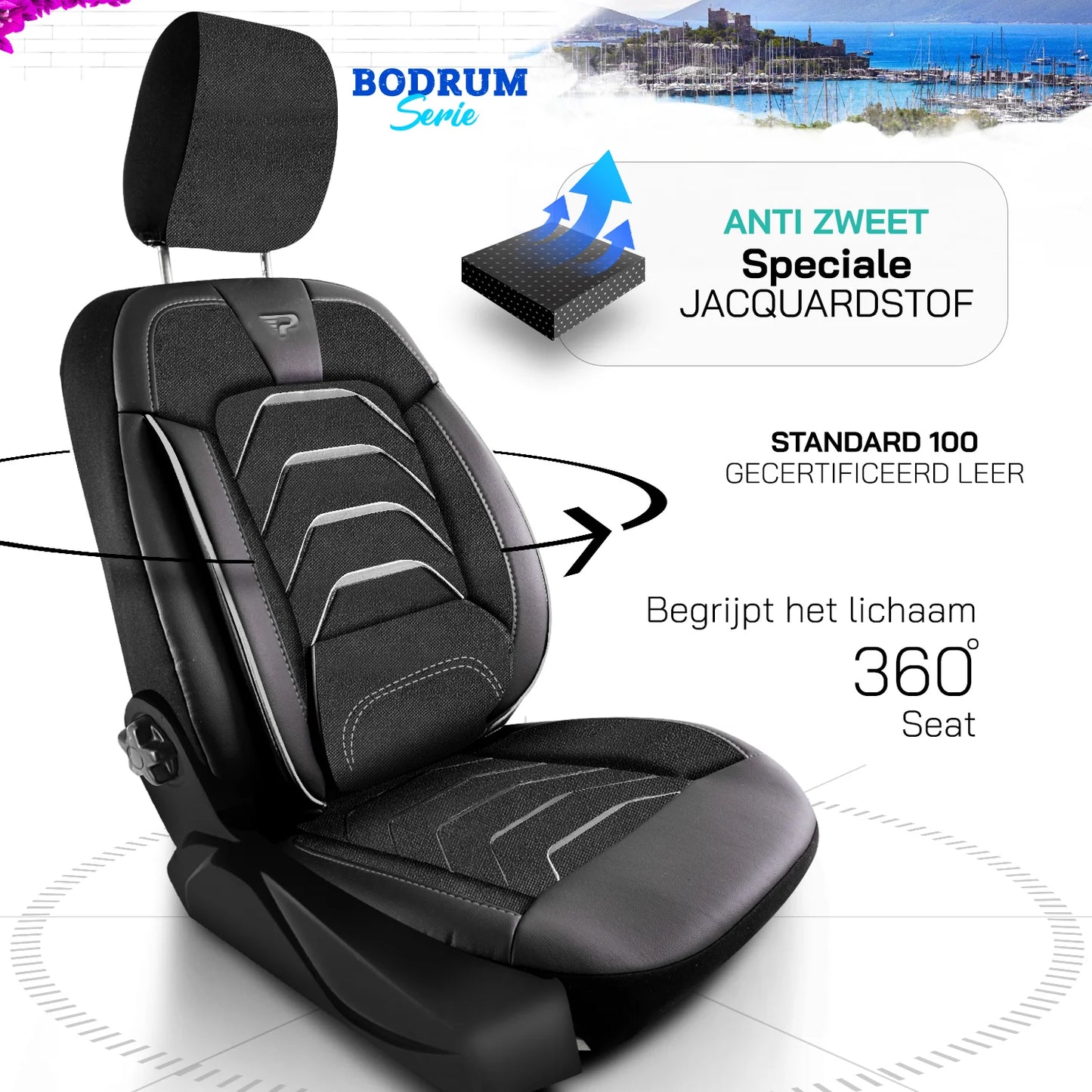 Stoelhoezen Jaguar I-Pace 2018-heden – Bodrum Zwart/Grijs – Jacquard stof met skai leer – Complete interieurset – comfortabele autostoelhoezen – slijtvast – eenvoudig te monteren